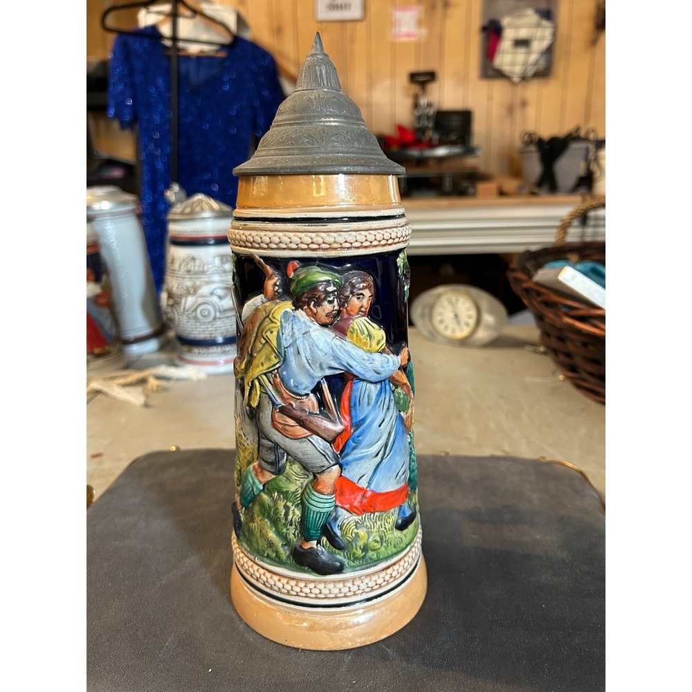 Vintage Western Germany Beer Stein 1L Relief Scene DBGM Pewter Lid Stoneware Mug